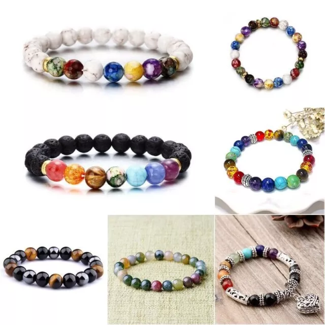 Natural Stone 7 Chakra Healing Balance Beaded Lava Bracelet Yoga Reiki Prayer