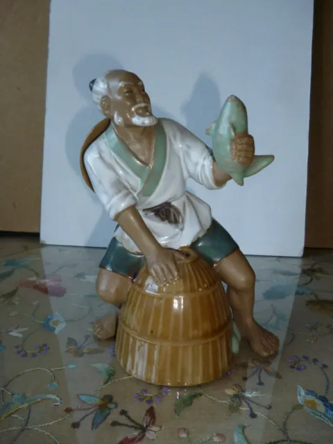 Large Vintage Chinese Shiwan Mudman Pottery Figure Fisherman with Basket & Fish