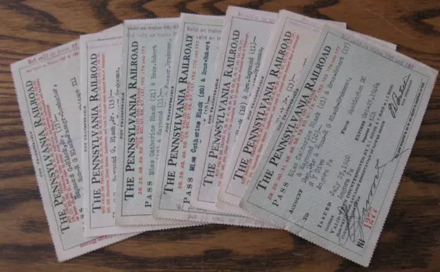 THE PENNSYLVANIA RAILROAD (8) Trip Passes 1930's 1940's Numbered