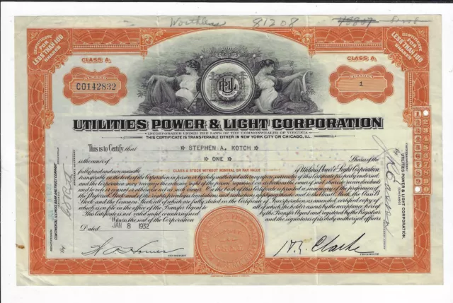 VIRGINIA 1932 Utilities Power & Light Corporation Stock Certificate