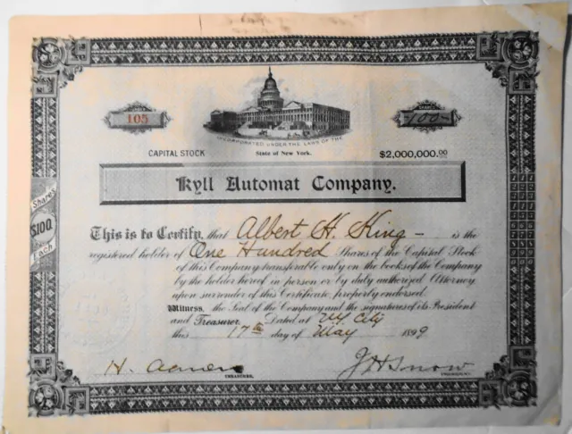 1899 Kyll Automat Company, New York - Rare Stock Certificat, 100 Shares