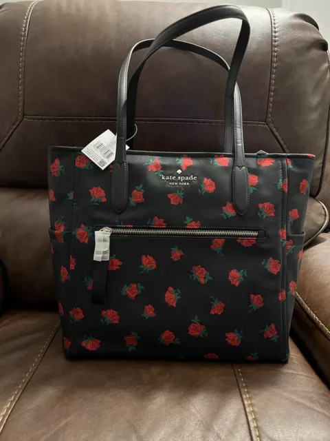 KATE SPADE Chelsea Large Nylon Tote Rose Toss Print Black Multi NEW