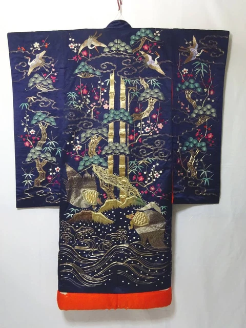 Japanese Kimono Uchikake Luxurious Wedding Embroidery Pure Silk Crane Navy K143 2