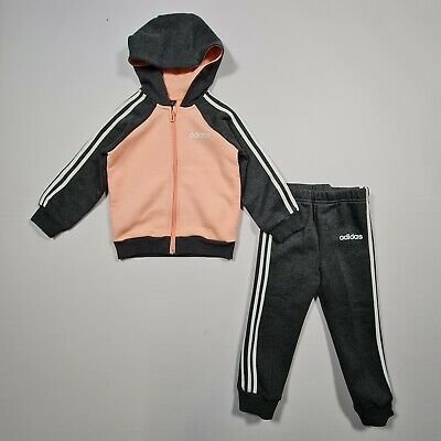 Adidas Infant Girls Pink / Grey Activewear Fleece Tracksuit Set Age 2-3 Years