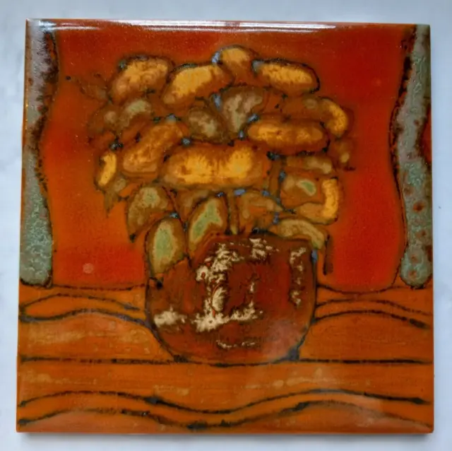 Maria Geurten 1929-1998 Studio Pottery Ceramic  1970s Tile 6" x 6" Orange Flower