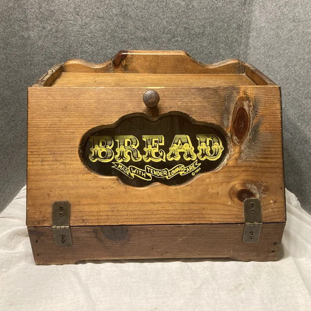 VINTAGE WOODEN BREAD Box Glass Window Stenciled 1984 Rustic Charm
