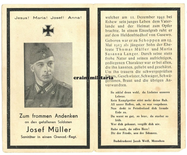 Orig. Sterbebild Soldat ° Schoppen Amel Belgien + RSHEW Rschew Russland 1942