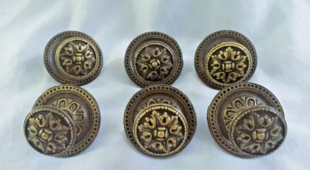 6 Vintage Large Ornate Brass Drawer/Cabinet Knob/Pulls w/Ornate Back Plates