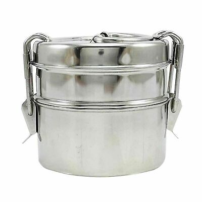 Stainless Steel Lunch Box 2 Tier Food Container Carrier Set Indian Tiffin Round