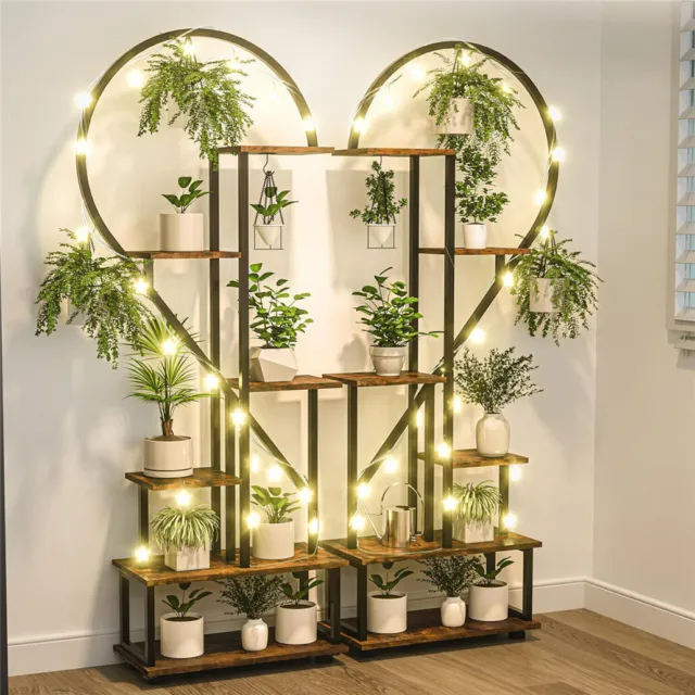6 Tier Metal Plant Stand Indoor Half Heart Shaped Flower Shelf W/ Hanging Hooks