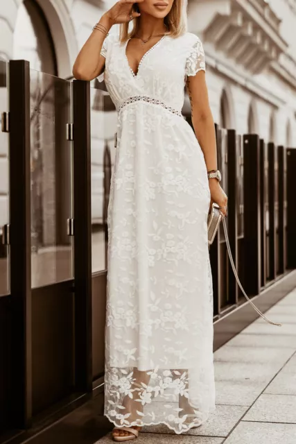 Women's White Deep V-Neck Lace Maxi Dress - New