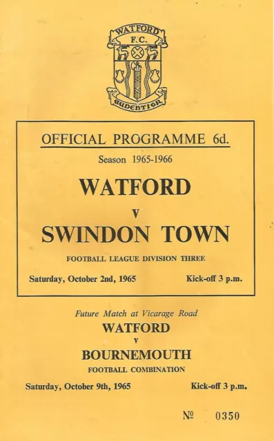 Football Programme - Watford v Swindon Town - Div 3 - 2/10/1965