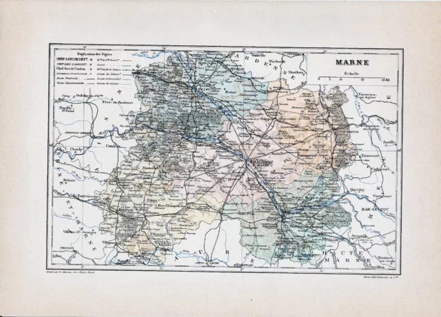 51 Marne carte atlas orig. 1891 Chalons-Chamgagne Épernay Reims Vitry Montmirail