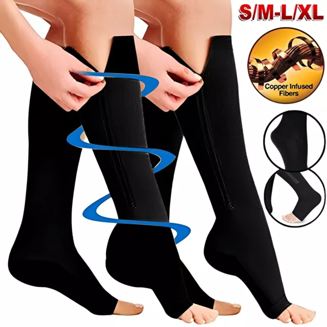 3 Pair Compression Socks Zippered Open Toe 20-30mmHg with Zipper Safe Protection