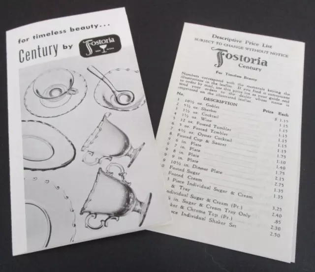 FOSTORIA GLASS CENTURY Foldout Leaflet Price List 58 Items Illustrated 1950-1957