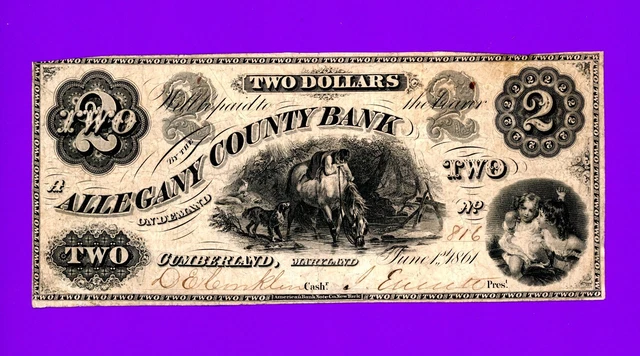 1861 $2 Allegany County Bank Cumberland Maryland RARE CIVIL WAR CRISP HIGH GRADE