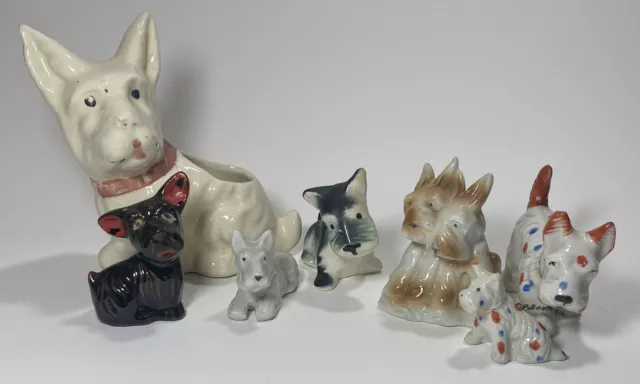 7 VTG Dog Puppy Scottie Terrier Figurine Japan Redware Chain Mom Shawnee LOT