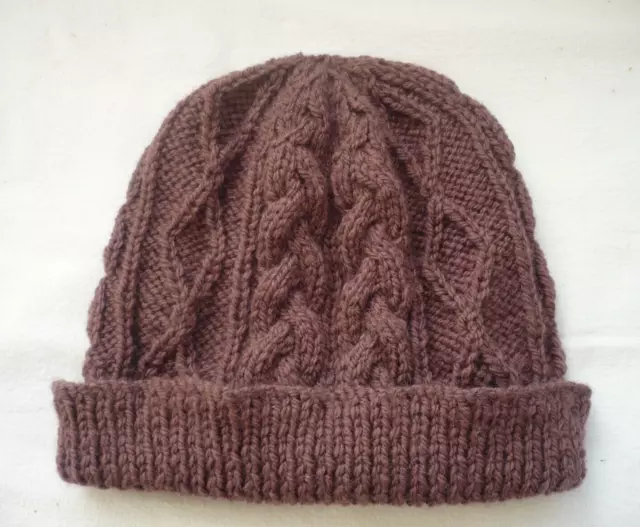 NEW HAND KNITTED Ladies/Gents  Beanie ARAN HAT in  NUT BROWN 25% Pure Wool