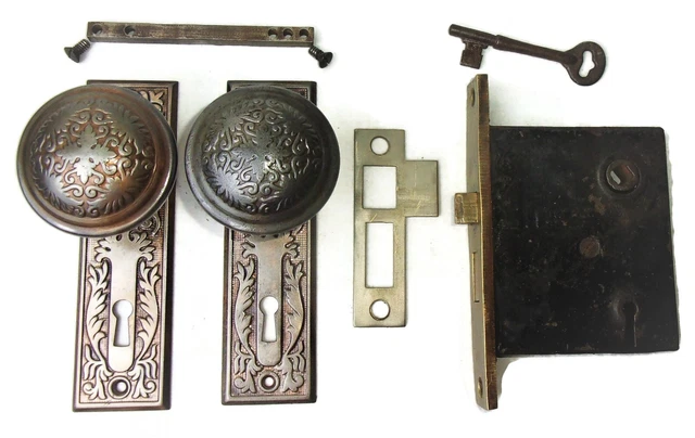 Antique Door Set Victorian / Eastlake Backplate Knob Mortise Lock Key Reclaimed