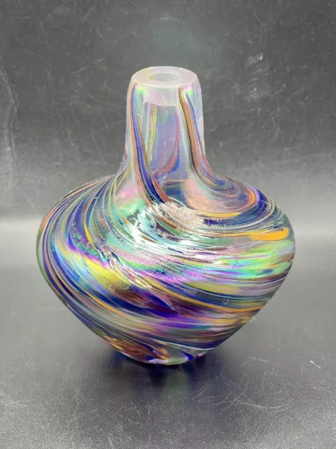 Signed Art Glass Oil Lamp New Orleans Iridescent Multicolor Confetti Swirl