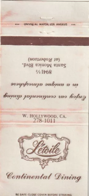 Vintage Matchbook Cover. Letoile Continental Dining. W. Hollywood, Ca.