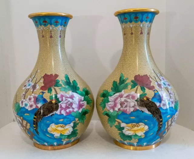 Rare 15" Inch Pair Cloisonne Vase Chinese  birds and Flowers Enamel Vase Large