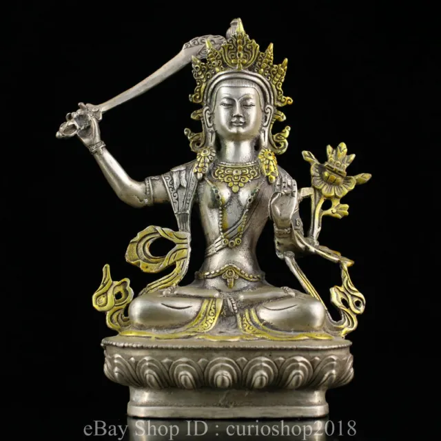 8.2 " Old Tibet Buddhism Bronze Silver Wenshu Manjushri Buddha Swords Statue