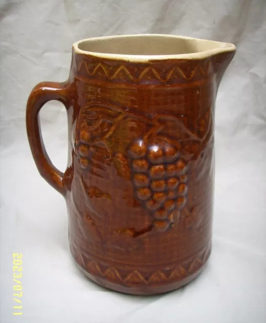 Antique North Star Stoneware Pitcher Grapes & Lattice Brown 9.25"