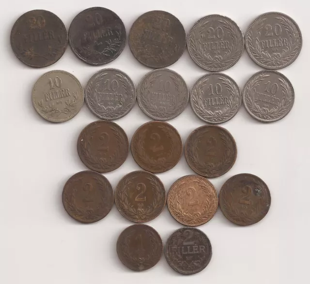 Hungary, 19 coins, different dates 1893-1918 all listed. #9