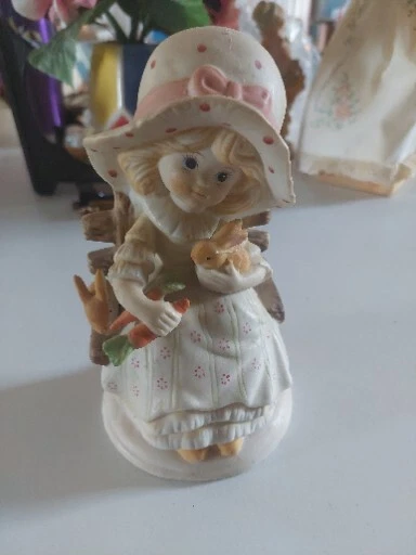 Vintage 8" Ceramic Farmhouse Prairie Hat Girl Holding Bunny Rabbits