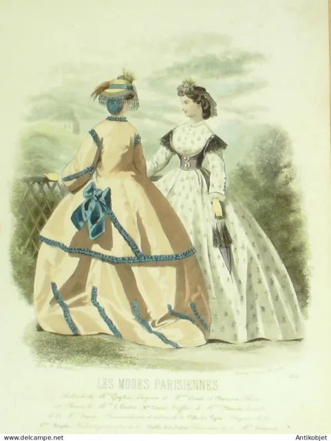 Gravure Modes parisiennes 1864 n°1105 Robes lin et tissus brodés