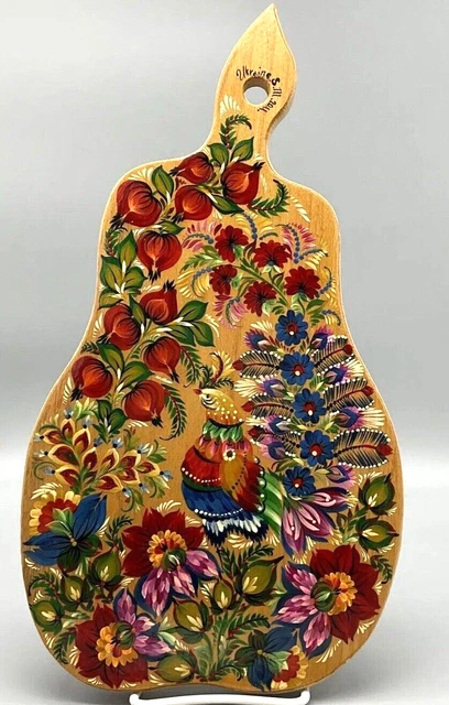 Tabla de cortar pan pintada a mano ucraniana con pájaro y flores colores brillantes encantadora