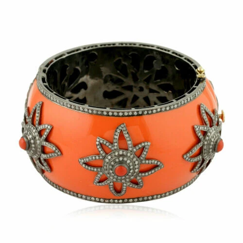 Natural Rosecut Diamond Coral 925 Sterling Silver Wedding Enamel Bangle