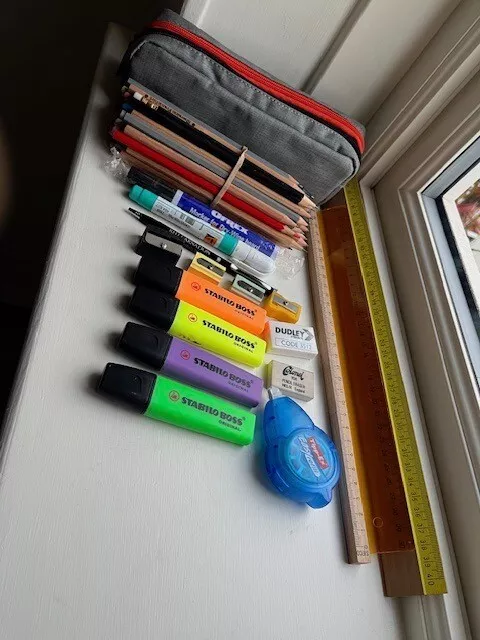 Stationery Job Lot: Pen Pencils Pencil Case Erasers Sharpeners Rulers Highlighte