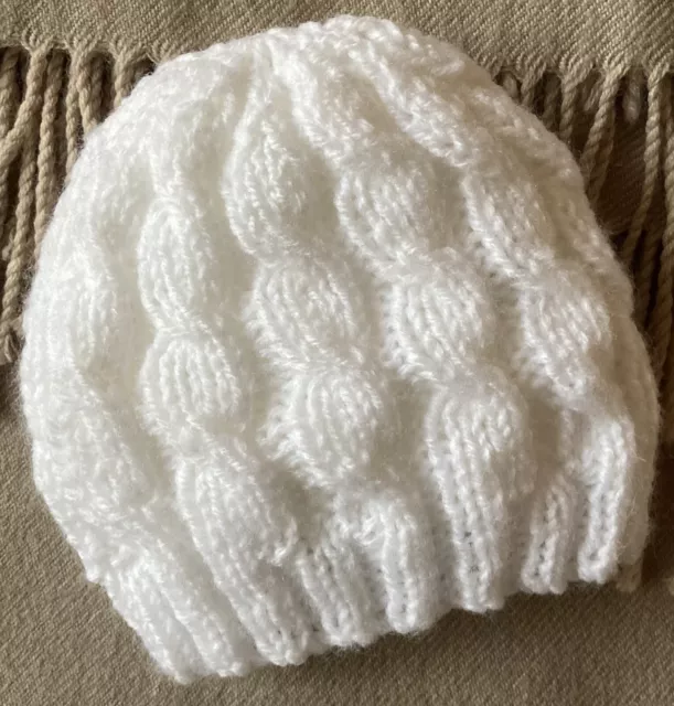 Newborn Baby Beanie/Hat. Extra Soft White. Hand-Knitted By Me. Double Cable