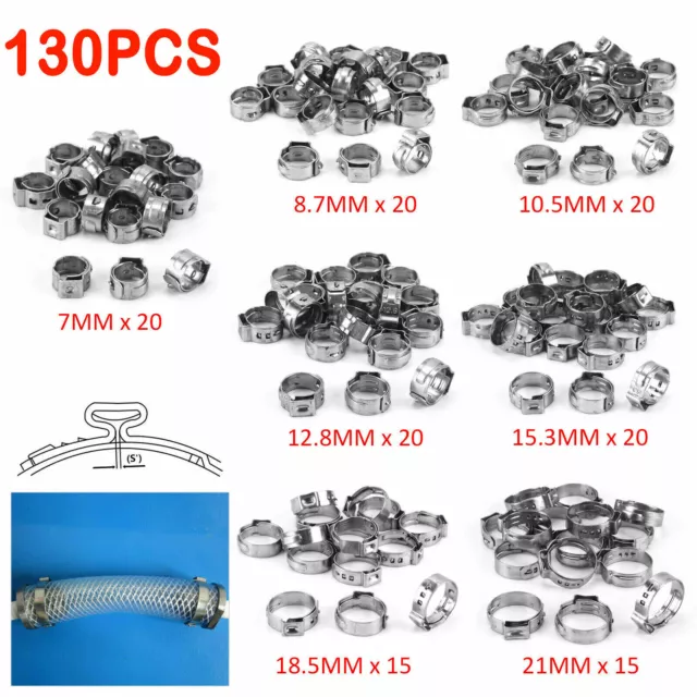 130Pcs 304 Stainless Steel Single Ear Hose Clamps Assortment Rings 6-21mm 2