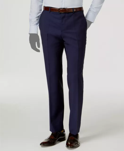 $434 Hugo Boss Men's 40W Blue Slim Fit Wool Flat Front Dress Pants