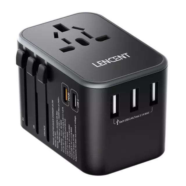LENCENT Universal Travel Adapter PD 20W Fast Charger w/ 3 USB A & 2 Type C