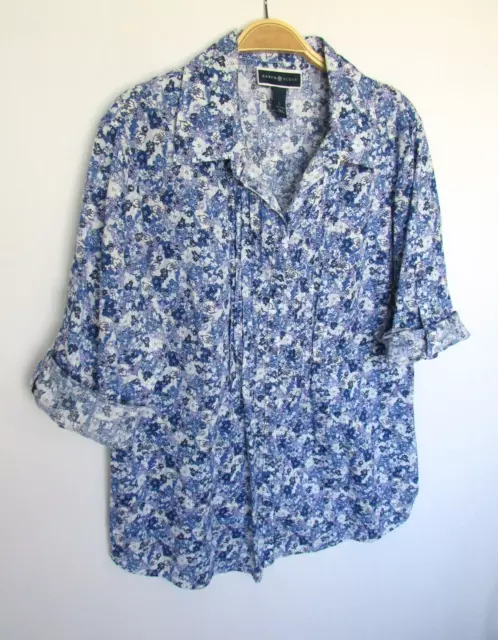 KAREN SCOTT WOMANS L blue purple floral cotton button pin tuck COLLAR SHIRT 2