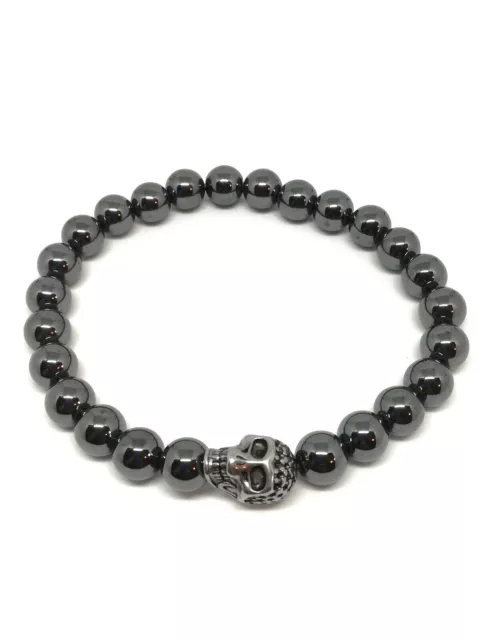 Bracelet homme bijoux tête de mort perles naturelles hématite 8mm (Véritable)