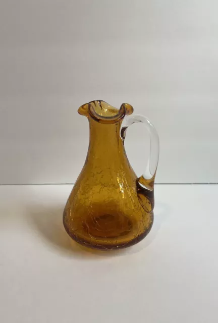 Vintage Small Amber Crackle Glass Pitcher Hand Blown Clear Handle