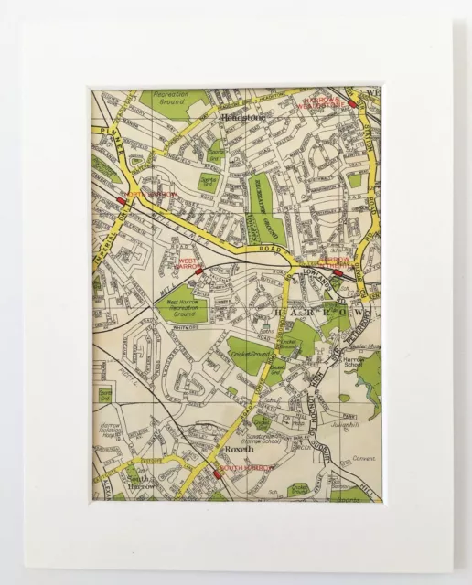 Antique 1940s London Map - Mounted - Colour - HARROW, HEADSTONE, WEALDSTONE