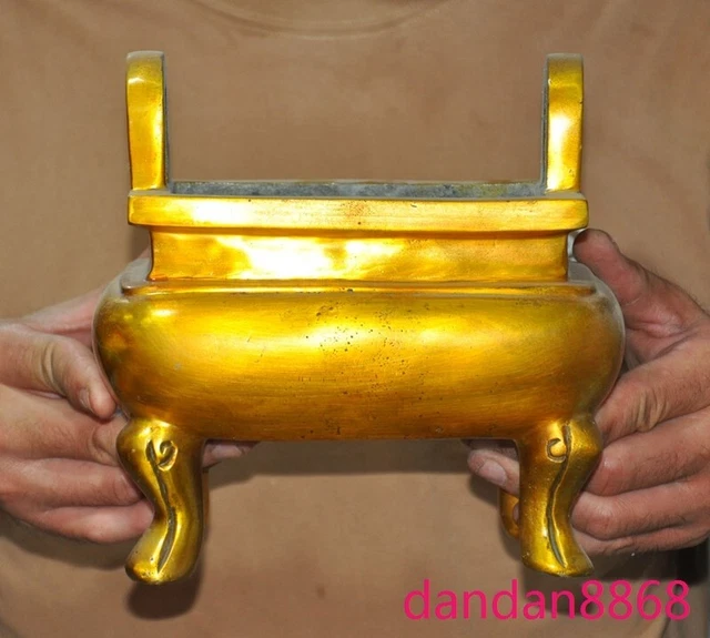 7.2" China purple bronze Gilt Aures aures four-legged Incense burner Censer