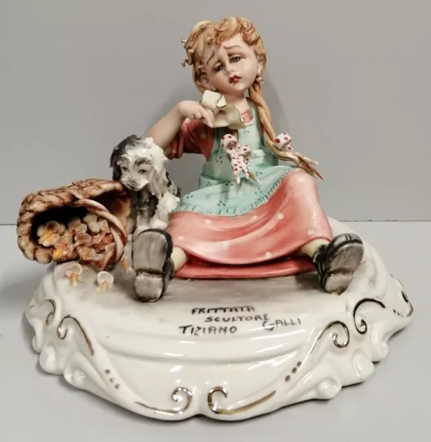 ANTICA SCULTURA PORCELLANA "FRITTATA" Tiziano Galli BAMBINA CANE anni 40/50