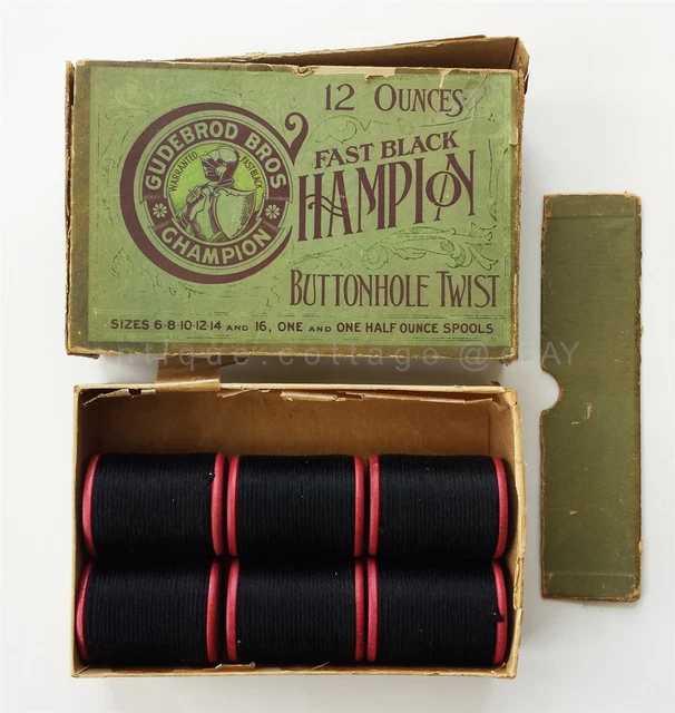 LOT antique 6 GUDEBROD BROS CHAMPION WOOD SPOOL THREAD 10 fast black 12oz w BOX
