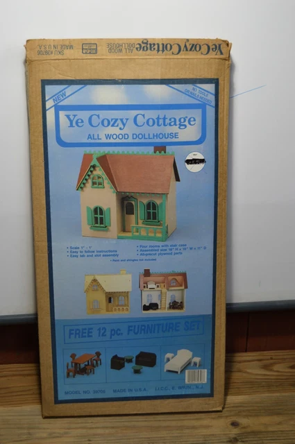 YE COZY COTTAGE WOOD DOLLHOUSE KIT + 12 PC FURNITURE SET Box Opened Appears Comp