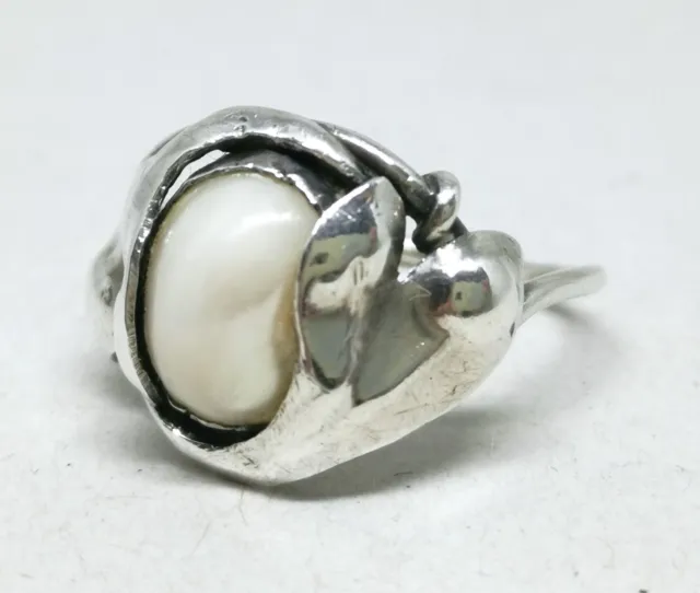 Vintage French Art Nouveau Freshwater Pearl & Sterling Silver Ring Size M½ * 3