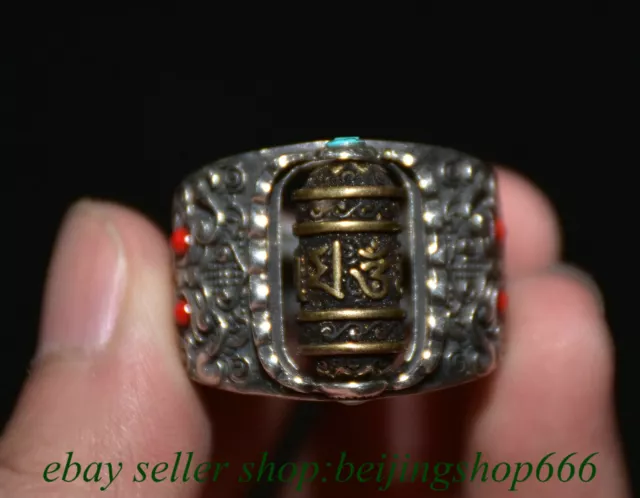 1.4" Old Chinese Silver Red Gems Beast Face Jewelry Round Ring Statue A17