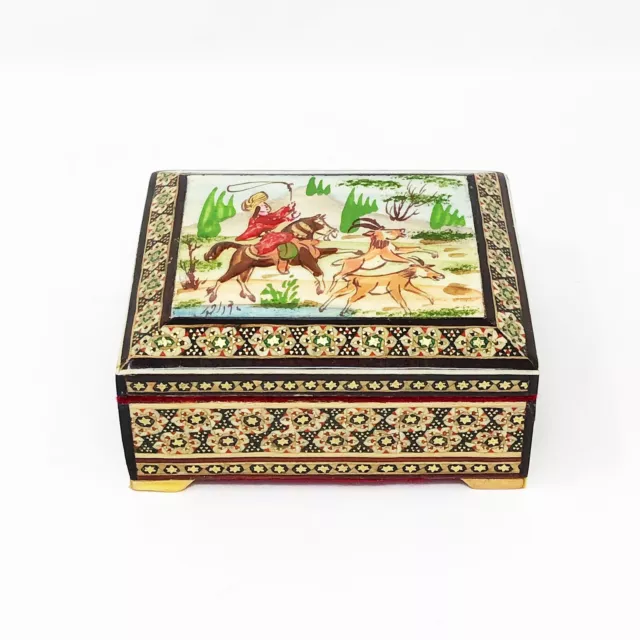 Vintage Persian Khatam Wood Jewelry Box With Inlay Marquetry Micro Mosaic