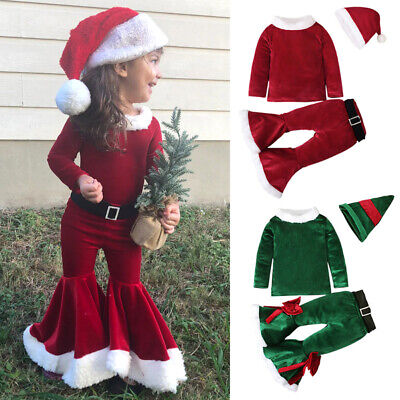 Toddler Baby Girls Kids Christmas Santa Costume Tops Flared Pants Romper Outfits